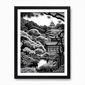 Nan Lian Garden, Hong Kong Linocut Black And White Vintage Art Print