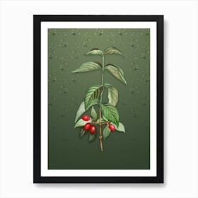 Vintage Cornelian Cherry Botanical on Lunar Green Pattern n.2084 Art Print