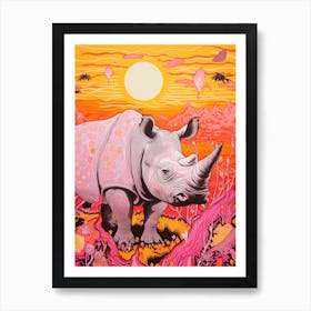 Floral Abstract Orange Linocut Inspired Rhino 2 Art Print