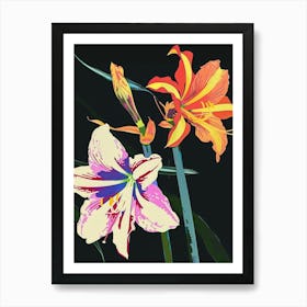 Neon Flowers On Black Amaryllis 6 Art Print