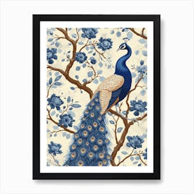 Cream & Blue Vintage Floral Peacock  1 Art Print