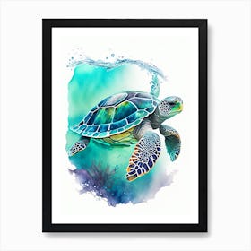 Sea Turtle In Deep Ocean, Sea Turtle Watercolour 4 Art Print
