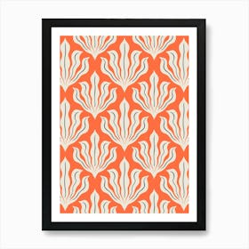 Wavy Abstract Leaves Minimalist Damask Orange and Cream White Art Print