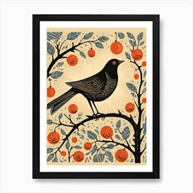 Vintage Bird Linocut Blackbird 3 Art Print