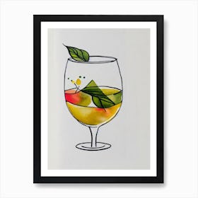 Chardonnay Minimal Line Drawing With Watercolour Cocktail Poster Art Print