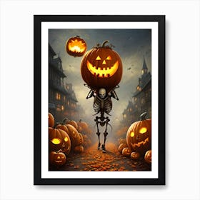 Skeleton Carrying Pumpkins Art Print