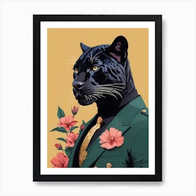 Floral Black Panther Portrait In A Suit (1) Art Print