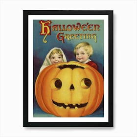 Boy And Girl Hiding Behind A Big Carved Pumpkin, With The Best Halloween Wishes Affiche