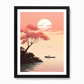 An Illustration In Pink Tones Of A Boat And Trees Overlooking The Ocean 4 Art Print