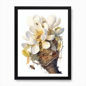 Beehive With Magnolia Watercolour Illustration 4 Art Print
