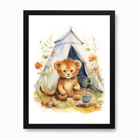 Camping Watercolour Lion Art Painting 4 Art Print