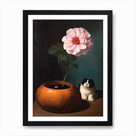 Ainting Of A Still Life Of A Anemone With A Cat, Realism 2 Art Print