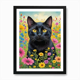 Quirky Cat In A Flower Field Art Print (2) Art Print