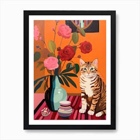 Rose Flower Vase And A Cat, A Painting In The Style Of Matisse 2 Art Print