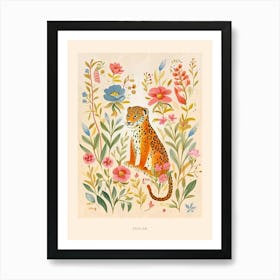 Folksy Floral Animal Drawing Jaguar 3 Poster Art Print