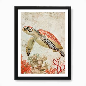 Red Textured Coral Sea Turtle Art Print