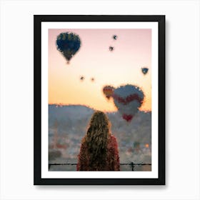 Girl Watching Floating Air Balloons, Oil Painting Art Print