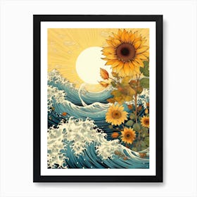Great Wave With Sunflower Flower Drawing In The Style Of Ukiyo E 3 Art Print