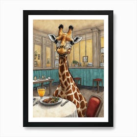 Giraffe At The Table Art Print