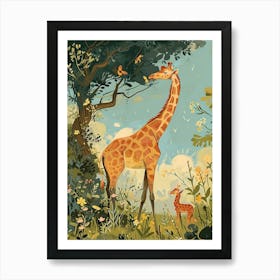 Storybook Style Illustration Of Giraffe & Calf Art Print