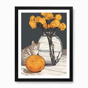 Drawing Of A Still Life Of Crocus With A Cat 1 Art Print