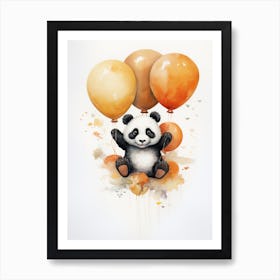 Panda Flying With Autumn Fall Pumpkins And Balloons Watercolour Nursery 2 Art Print