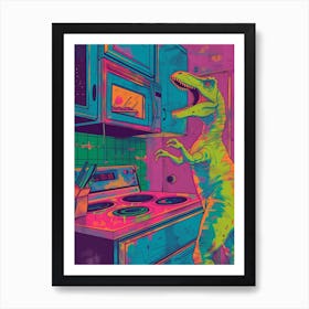 Dinosaur Cooking In The Kitchen Neon Colours Art Print