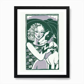 Lady & Dog Green & Lilac Art Print