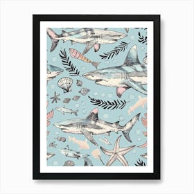 Pastel Blue Zebra Shark Watercolour Seascape Pattern 2 Art Print