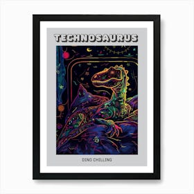 Neon Dinosaur Line Illustration Relaxing 2 Poster Art Print