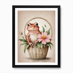 Cute Pink Frog In A Floral Basket (19) Art Print