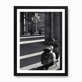 Scooter Under Colonnade In Rome Black And White Art Print