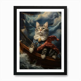 Cat On Medieval Boat Rococo Style 1 Art Print