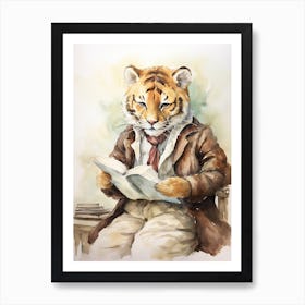 Tiger Illustration Reading Watercolour 3 Art Print