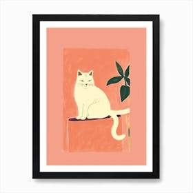 White Cat Orange Background Illustration 2 Art Print