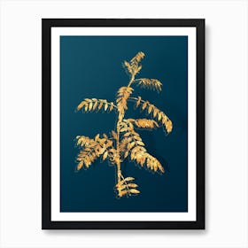 Vintage Flowering Indigo Plant Botanical in Gold on Teal Blue n.0138 Art Print