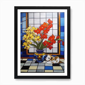 Orchids With A Cat 3 De Stijl Style Mondrian Art Print