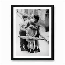 Little Boys in Paris With Baguette, Black and White Old Photo Art Print