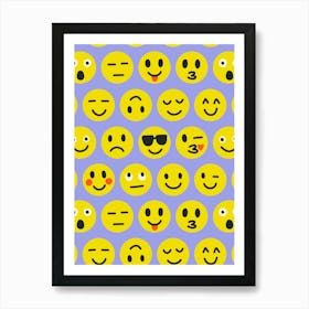 Cute Text Chat Emoji Grid on Lavender Blue Art Print