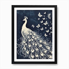 Cream & Navy Blue Peacock With Butterflies Linocut Inspired  1 Art Print