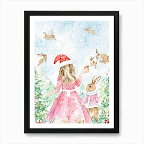 Watercolor Illustration Of Holiday Loving Bunnies Donning Their Festive Pink Dresses Each Adorned W Art Print