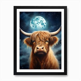 Watercolour Of Highland Cow At Night 2 Art Print