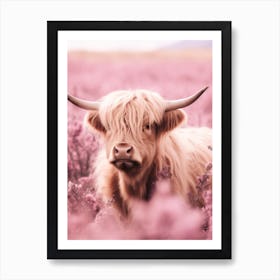 Pink Portrait Of Highland Cow Realistic Photography Style 3 Art Print