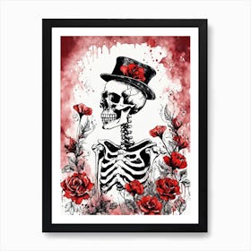 Floral Skeleton With Hat Ink Painting (79) Art Print