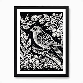 B&W Bird Linocut Finch 2 Art Print