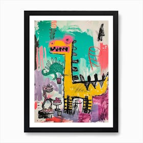 Abstract Pink Blue Graffiti Style Dinosaur Picnic 1 Art Print