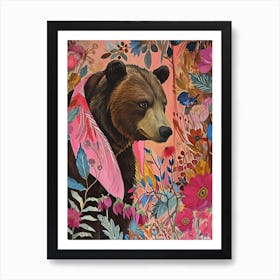 Floral Animal Painting Brown Bear 1 Art Print