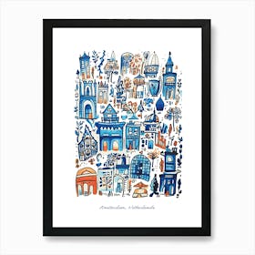 Amsterdam Netherlands Landmarks Illustration Line Art Travel Blue Art Print