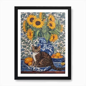 Sunflower With A Cat 2 William Morris Style Art Print