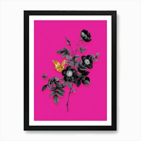 Vintage Alpine Rose Black and White Gold Leaf Floral Art on Hot Pink n.1010 Art Print